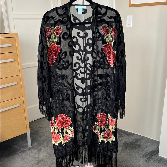 Betsey Johnson Sweaters - Betsey Johnson Kimono - Black Velvet Red Roses Fringe - One Size